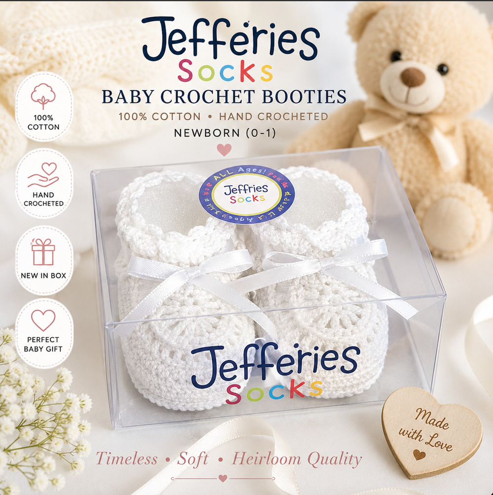 Jeffries 100% Cotton White Hand Crocheted Baby Booties Newborn 0-1 NIB